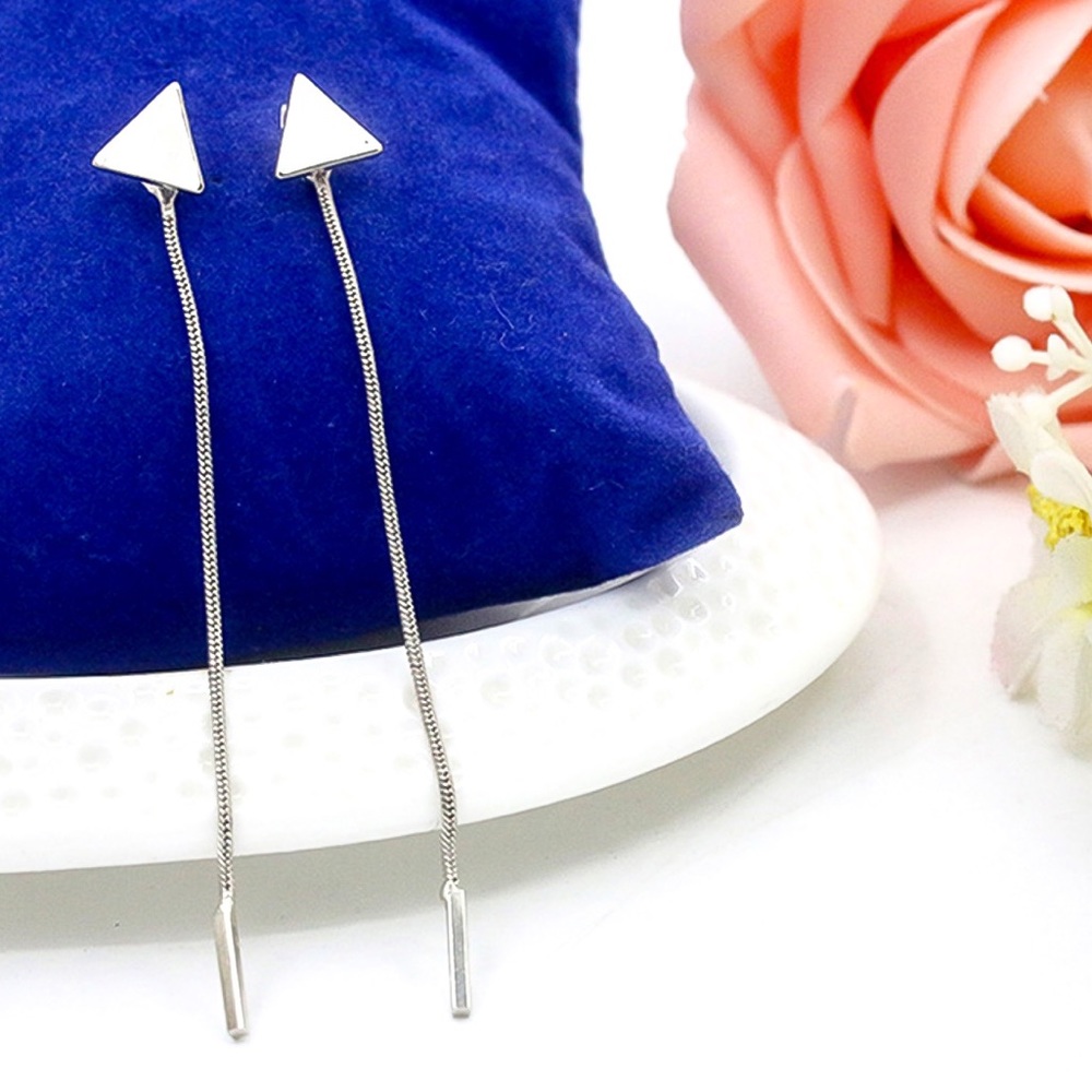 Silver Triangle Studs w/Tassel Earring Jackets - Picture 5 of 7